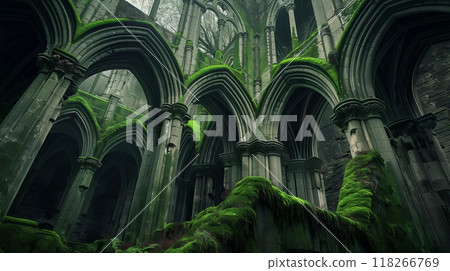 An abandoned Gothic cathedral with moss-covered volutes stands as a haunting, nature-reclaimed relic. An abandoned Gothic cathedral with moss-covered volutes stands as a haunting, nature-reclaimed relic. 118266769