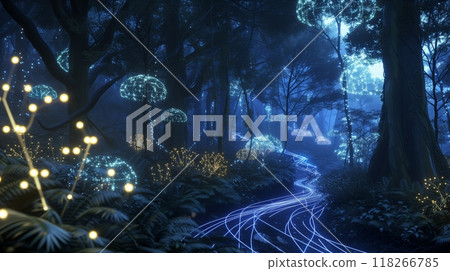 An enchanted forest with bioluminescent plants and fiber-optic paths illustrates virtual social networks. 118266785
