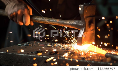 A skilled blacksmith forges metal on an anvil, sparks flying with each precise hammer blow, lighting the workshop. 118266797