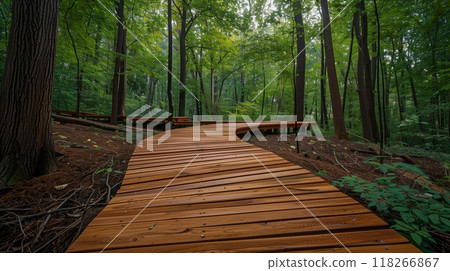Smooth interlocking boards lie in a serene forest, capturing natures tranquility and craftsmanship. Smooth interlocking boards lie in a serene forest, capturing natures tranquility and craftsmanship. 118266867