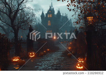 A spooky Halloween scene featuring a dark, ominous castle in the center, surrounded by a low iron fence. A cobblestone path lined with leafless trees and glowing pumpkins leads to the castle. 118266912
