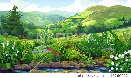 An idyllic countryside features a medicinal garden, rolling hills, and a peaceful brook, inviting relaxation. 118266992