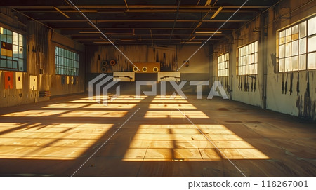 A vintage shooting range with classic rifles and targets, bathed in morning light and nostalgic charm. 118267001