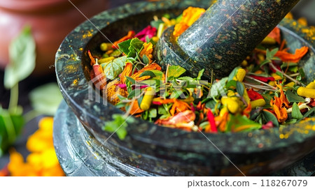 Close-up of a mortar and pestle with vibrant Ayurvedic herbs, finely ground for potent natural remedies. 118267079