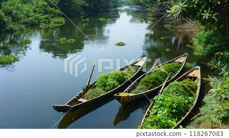 A serene riverside with Ayurvedic boats filled with fresh herbs, ready for holistic transformation. 118267083