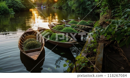 A serene riverside with Ayurvedic boats, laden with herbs, ready for processing into healing remedies. A serene riverside with Ayurvedic boats, laden with herbs, ready for processing into healing remedies. 118267084