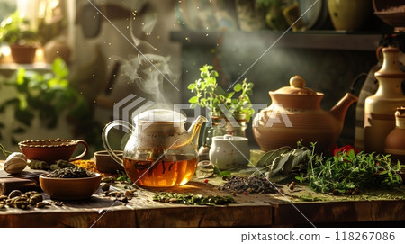 An earthy kitchen with Ayurvedic teas brewing, fresh herbs, and aromatic spices. Warm, inviting, holistic. 118267086