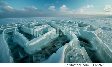 Geometric ice formations create labyrinths on the ocean, with mysterious alien artifacts hinting at secrets. 118267108