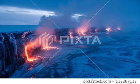 Glacial chasms release luminous steam into crisp air, blending an ethereal glow of fire and ice. 118267112