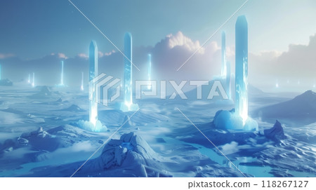 A blue-white landscape dotted with glowing obelisks rises from the ice, creating an otherworldly scene. 118267127