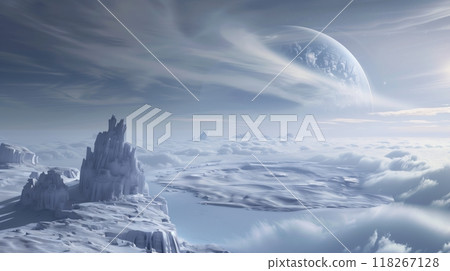 A pristine Arctic world, hidden in clouds, reveals gleaming ice formations and mysterious alien structures. A pristine Arctic world, hidden in clouds, reveals gleaming ice formations and mysterious alien structures. 118267128