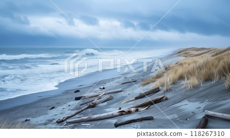 A windswept beach with scattered driftwood, relentless waves, salty air, and distant seagull cries. A windswept beach with scattered driftwood, relentless waves, salty air, and distant seagull cries. 118267310