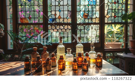 A stained-glass window casts colorful light on a table of essential oils, creating a serene ambiance. 118267322
