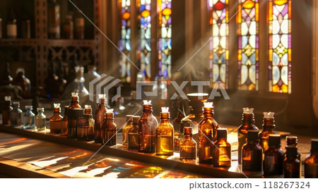 An ornate stained-glass window casts intricate light patterns on a table with shimmering essential oils. 118267324