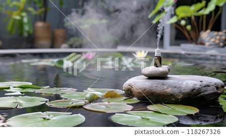 A tranquil pond with lily pads sits beside an essential oil diffuser, misting fragrant droplets. 118267326