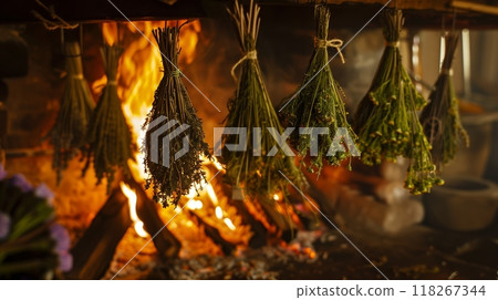 A cozy indoor fireplace scene with aromatic Ayurvedic herbs drying, creating a serene, inviting ambiance. 118267344