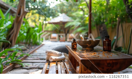 A tranquil outdoor spa with a wooden bench for Ayurvedic oils and herbal poultices, ideal for rejuvenation. 118267351