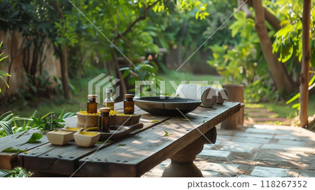 A tranquil outdoor spa offering rejuvenating Ayurvedic oils and herbal poultices on an artisanal bench. 118267352