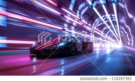 A sleek sports car races through a pulsating, futuristic tunnel, evoking the thrill of high-tech motorsports. 118267365