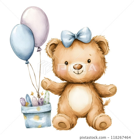 Cute baby bear with pastel blue watercolor, good for nursery or book, clip art 118267464
