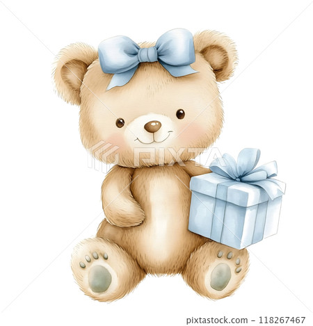 Cute baby bear with pastel blue watercolor, good for nursery or book, clip art 118267467