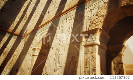 Egyptian-themed archivolts with hieroglyphics and pharaohs cast shadows, showcasing ancient grandeur. Egyptian-themed archivolts with hieroglyphics and pharaohs cast shadows, showcasing ancient grandeur. 118267502