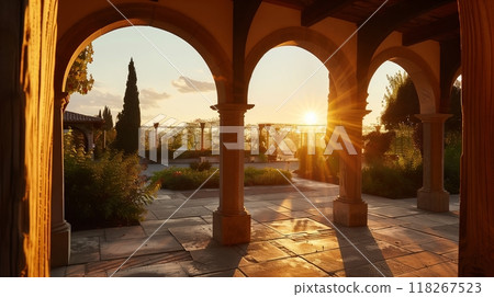 Franciscan-style arches, with serene lines and natural wood, glow in the sunset, creating timeless tranquility. 118267523