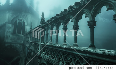 A Gothic balustrade with intricate arches and carvings, shrouded in fog, heightening its mystique. 118267558