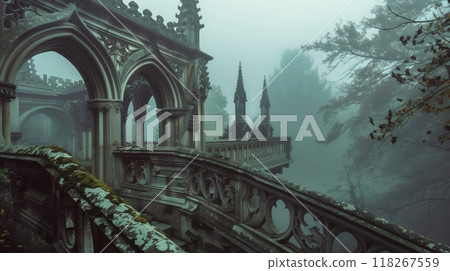 A Gothic balustrade with pointed arches and intricate carvings stands mystically in a foggy ambiance. 118267559