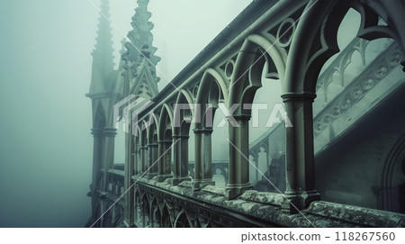 A Gothic balustrade with pointed arches and intricate carvings in fog creates an otherworldly, captivating ambiance. 118267560