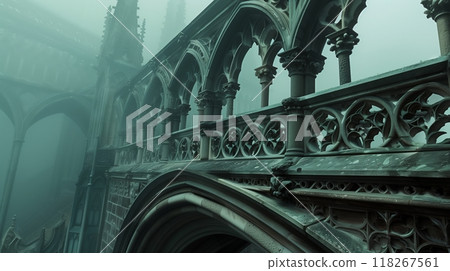 A Gothic balustrade with pointed arches and intricate carvings in foggy ambiance; shadows enhance the eerie atmosphere. 118267561