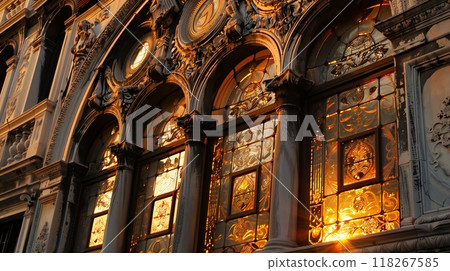 A Venetian entablature with intricate glasswork and filigrees reflects golden hour in a mesmerizing dance. 118267585
