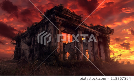 A crumbling, vine-covered entablature stands against a blood-red sunset, evoking eerie beauty and decay. A crumbling, vine-covered entablature stands against a blood-red sunset, evoking eerie beauty and decay. 118267594