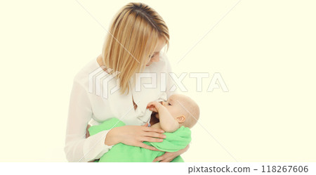 Happy mother breastfeeding her baby on white background Happy mother breastfeeding her baby on white background 118267606