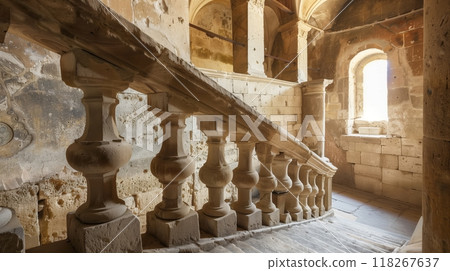 A Romanesque balustrade of robust stone blocks and simple, elegant design stands in the ancient monastery. 118267637