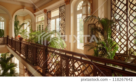 A Chippendale-style balustrade with intricate latticework and chinoiserie adds timeless charm to a colonial mansion. 118267642