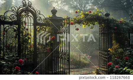 Victorian archivolts in a garden, with intricate ironwork and dewy climbing roses, create an enchanting scene. 118267668