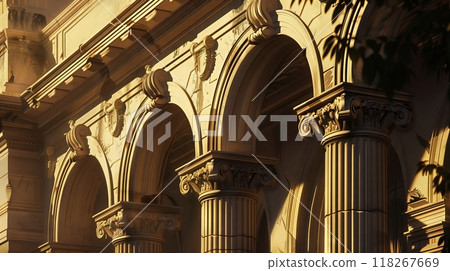 Renaissance archivolts, with pilasters and pediments, glow in warm, late afternoon light, revealing details. 118267669