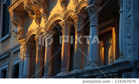 Renaissance archivolts with pilasters and pediments glow softly in late afternoon light, highlighting details. 118267670