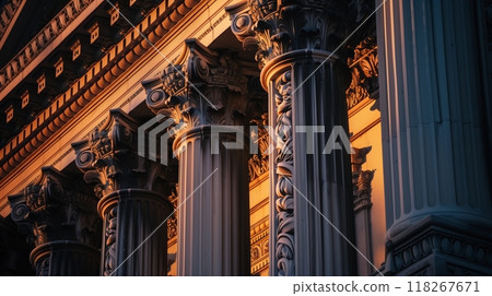 Renaissance archivolts, with classical pilasters and pediments, glow in the warm late-afternoon light. 118267671