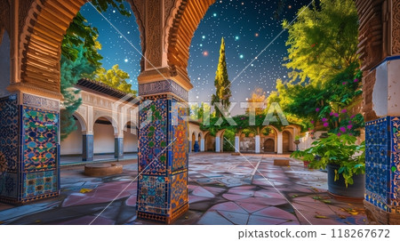 Moorish horseshoe arches and vibrant mosaics in a serene courtyard create breathtaking artistry. 118267672
