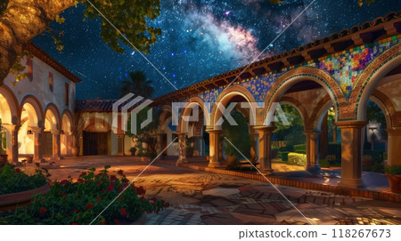 Moorish archways with horseshoe arches and vibrant tile mosaics grace a serene courtyard under a starlit sky. 118267673