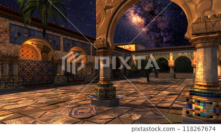 Moorish horseshoe arches with vibrant tile mosaics in a serene starlit courtyard create a tranquil ambiance. 118267674