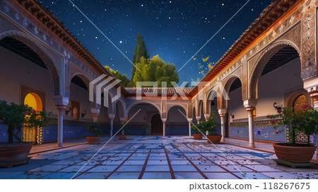 Moorish horseshoe archways and vibrant mosaics grace a serene courtyard, inviting contemplation. 118267675