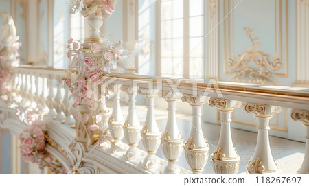 A Rococo balustrade with pastels and playful details graces a lavish ballroom, enhancing its opulence. 118267697