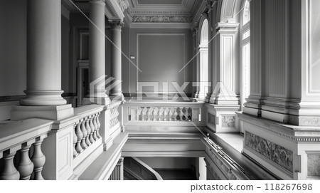 A neoclassical balustrade with clean lines and symmetry graces the building, enhancing its elegance. 118267698