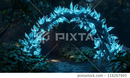 A bioluminescent archway forms a dreamlike corridor, casting a serene, captivating light on passersby. A bioluminescent archway forms a dreamlike corridor, casting a serene, captivating light on passersby. 118267805
