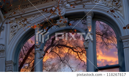 A charming Art Nouveau entablature with whimsical curves, softly illuminated at twilight, evokes elegance. 118267817