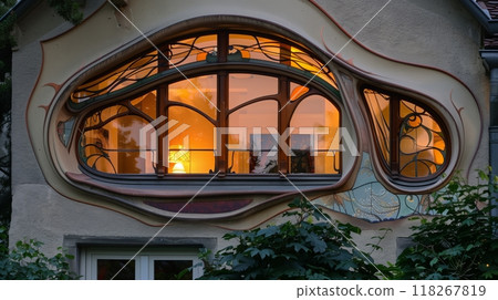 An Art Nouveau entablature with whimsical curves and organic forms glows softly, evoking timeless elegance. 118267819