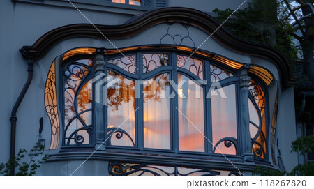 A quaint Art Nouveau entablature with whimsical curves glows softly in twilight, creating enchantment. A quaint Art Nouveau entablature with whimsical curves glows softly in twilight, creating enchantment. 118267820